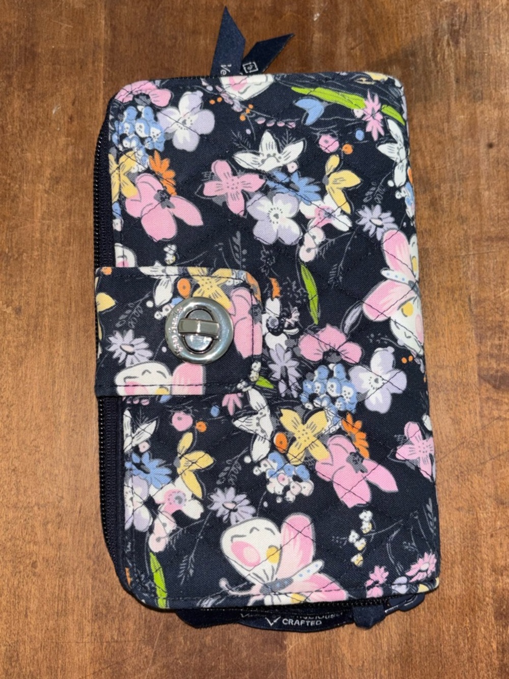 Vera Bradley Floral Butterfly Navy Zip Wallet with Turn-Lock Closure